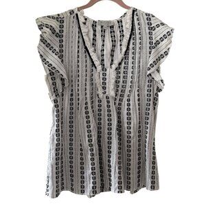 Hayden Los Angeles Womens Black White Geometrical Ruffle Sleeve Top L Fringe EUC